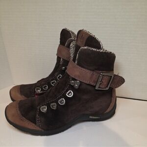 Merrell Palvina Boots Women's 7 Brown Suede Nubuck Hiking Buckle Strap Lace Up